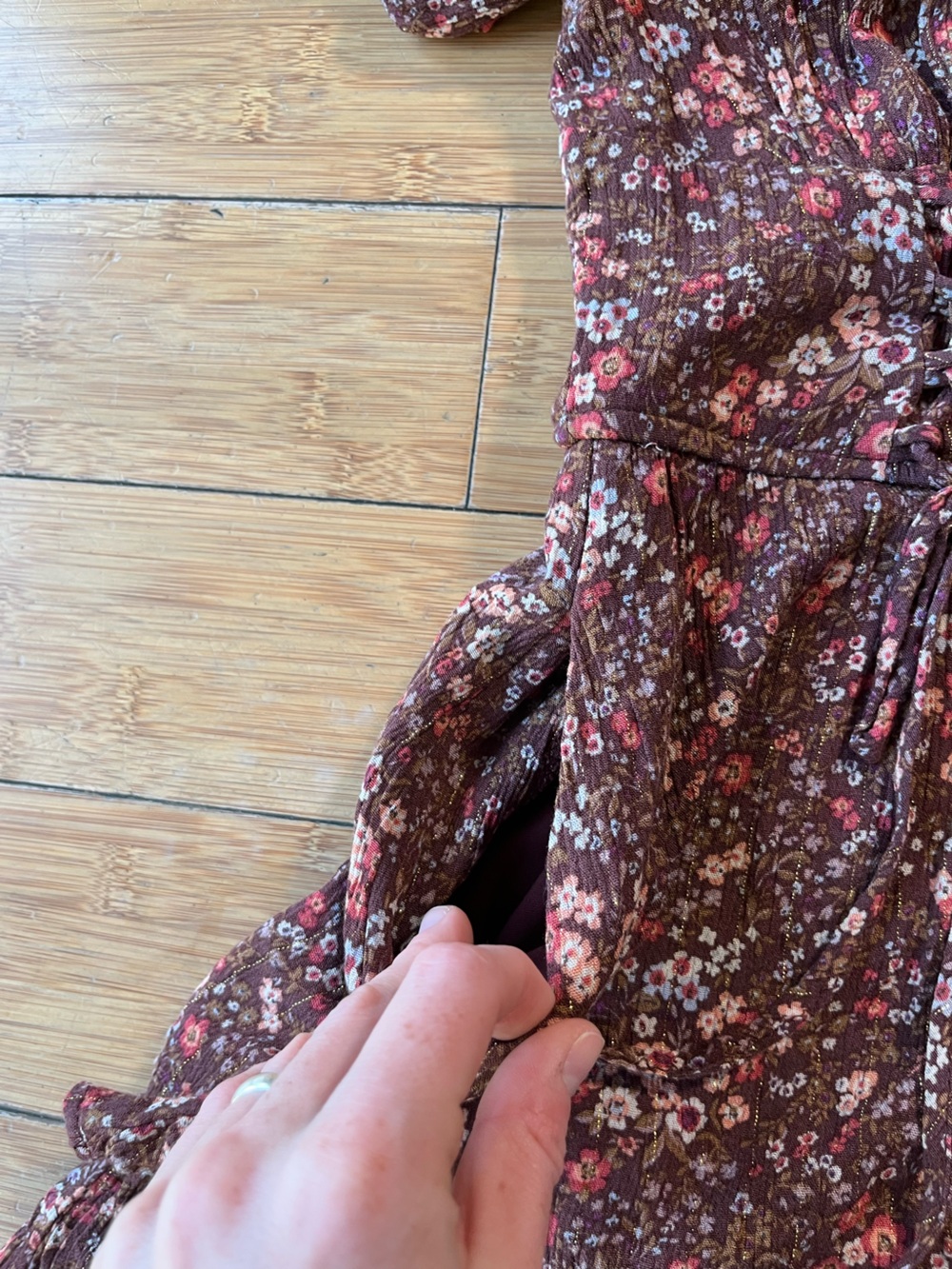 Francesca's Collections Floral Boho Burgundy Romper with Corset Style Ties - Picture 6 of 13